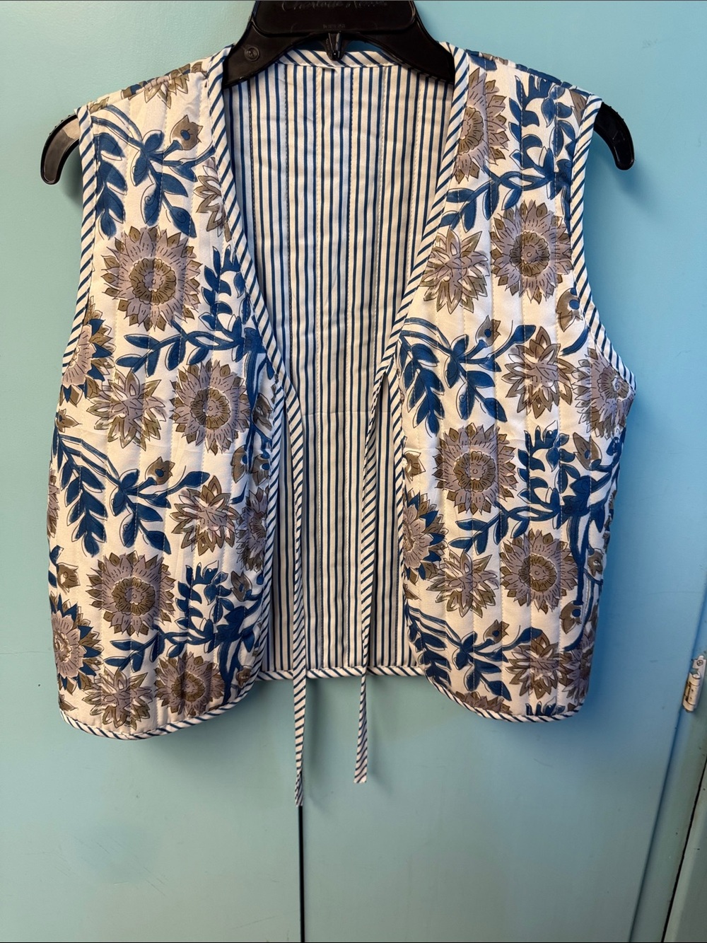 Kantha Floral Quilted Sleeveless Vest - Blue & Brown M New